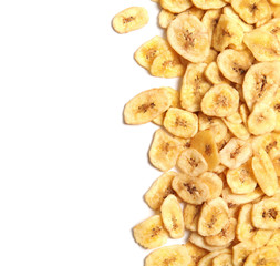 Tasty banana slices on white background, top view with space for text. Dried fruit as healthy snack