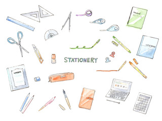 文具　ステーショナリー　手描き水彩イラスト