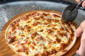 Hot homemade barbecue chicken pizza with onions and cheese.