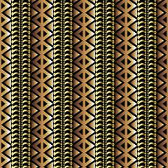 3d seamless borders pattern. Vector ornamental tribal striped background. Gold ethnic style ornament with zigzag lines, shapes, rhombus. Repeat patterned border backdrop. Decorative textured design
