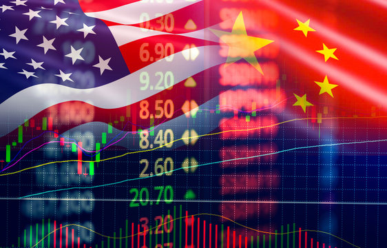 Trade war economy USA America and China flag candlestick graph Stock market exchange analysis