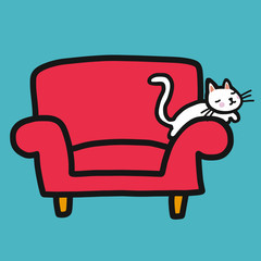 Cute white cat resting on red sofa cartoon vector illustration