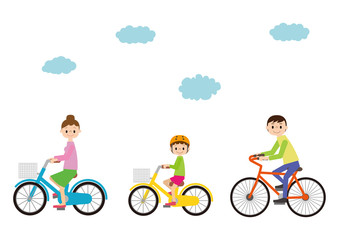 こちらを向いて自転車に乗る、父母と子ども