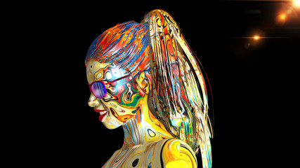 Colorful girl with glasses, portrait of woman with skin covered in colors and long hair isolated on black background, 3D rendering