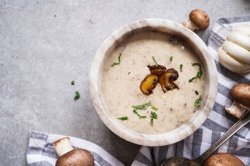 Homemade cream of mushroom soup, Overhead view