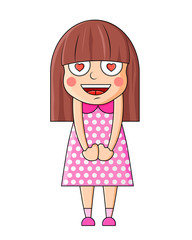 Cute cartoon girl with love in eyes. Valentine card cute little girl in love. Romantic vector illustration. Vector. Isolated on white background. Vector illustration in a cartoon style.