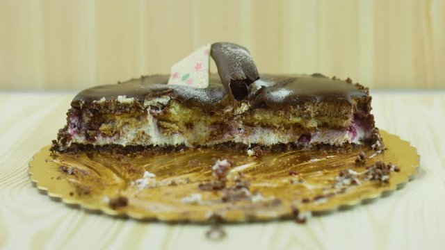 Chokolate cake eaten by itself. Sloppy bites, stop motion. View from the side.