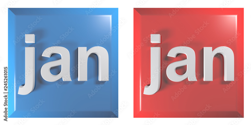 Poster blue and red couple of square push buttons january - 3d rendering illustration