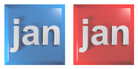 Blue and red couple of square push buttons JANUARY - 3D rendering illustration