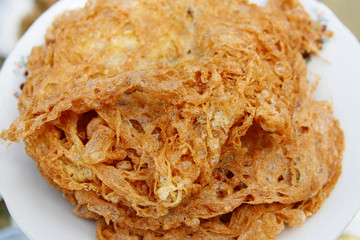 Close-up of crispy deep-fried eggs at Yogyakarta, Indonesia