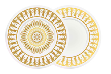 Plates for interior design. Porcelain plate with mandala ornament. Vector illustration. Isolated. Round geometric floral pattern. Interior decoration, home decor element