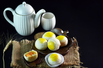 Chinese - Thai dessert Made from flour to Baking heat Mashed golden beans stuffed with salted egg yolk,Chinese festival , Traditional delicious cake in asia.