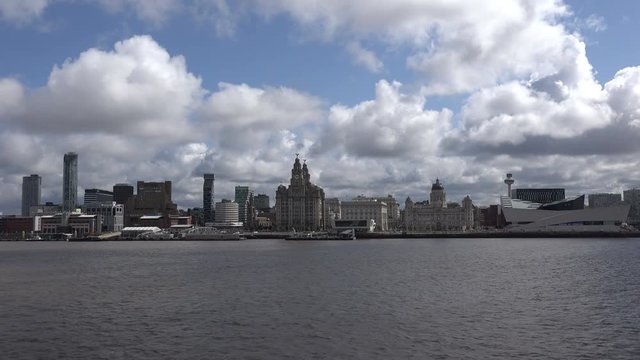 Tracking shot of Liver Buildings and Liverpool skyline