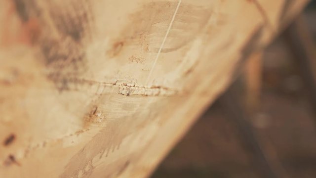 Close up of carvel built timber boat Sapele planking old rustic grouting shallow depth of field