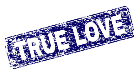 TRUE LOVE stamp seal print with distress style. Seal shape is a rounded rectangle with frame. Blue vector rubber print of TRUE LOVE label with corroded style.