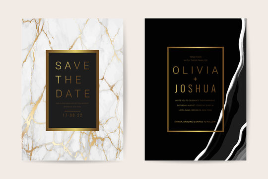 Luxury wedding invitation cards with gold marble texture vector design template