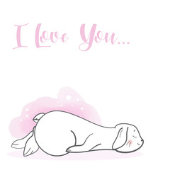 Cute rabbit in cartoon style. Valentines day theme. Hand drawn lettering. Vector illustration. Elements for greeting card, poster, banners. T-shirt, notebook and sticker design