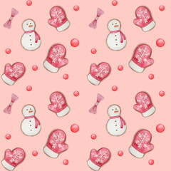 seamless pattern with watercolor christmas ginger cookies