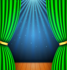 Background with a green curtain and a spotlight