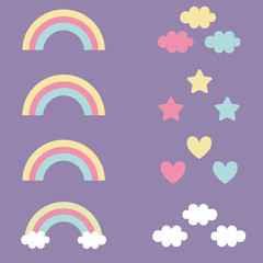 Colorful Rainbow Set With Clouds, Stars, Hearts