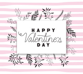 happy valentines day card with square and leafs frame