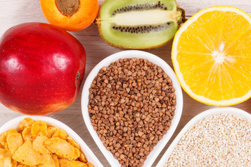 Nutritious products and ingredients containing vitamin B3, fiber and natural minerals, healthy nutrition concept