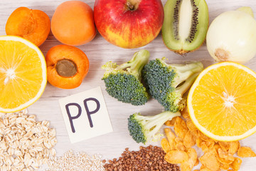 Ingredients containing vitamin PP, dietary fiber and natural minerals, healthy eating concept