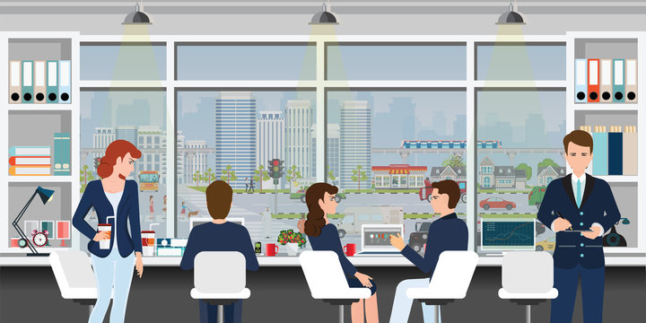 Illustration of office workplace with business people
