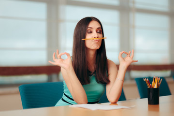 Funny Bored Girl Playing with Pencil At Business Meeting
