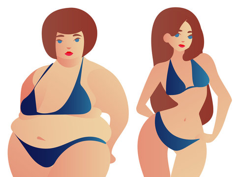 Illustration of a fat and slim woman figure. Change yourself. Before and after weight loss.	