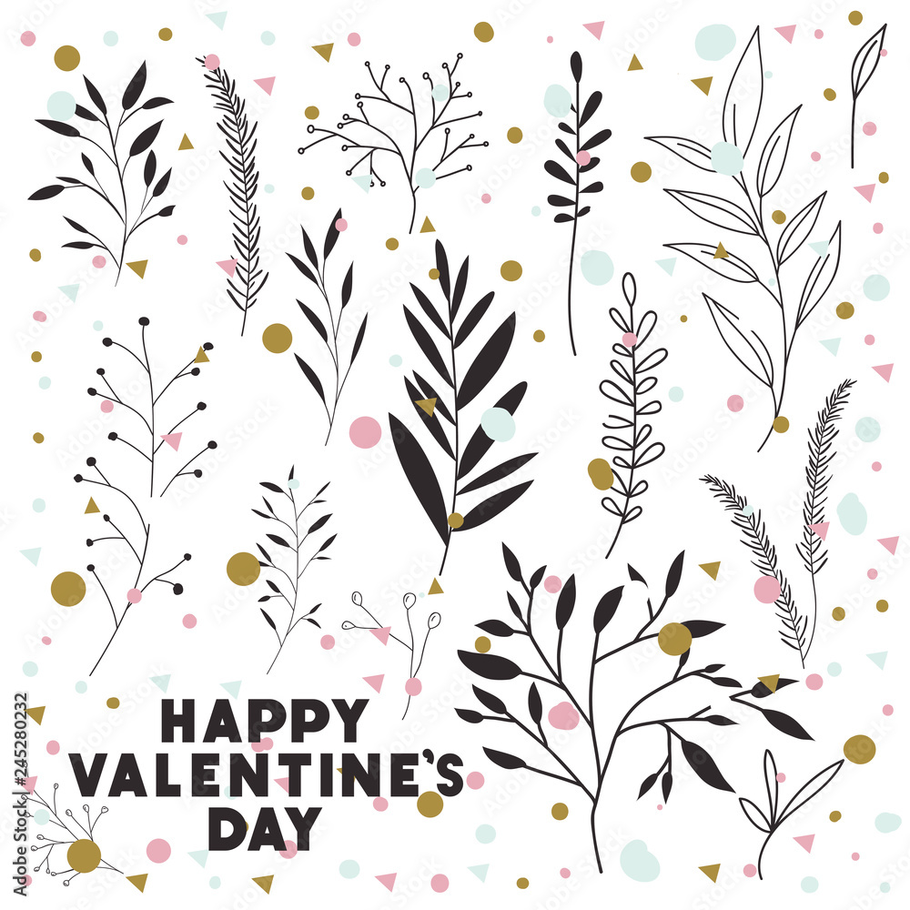 Wall mural happy valentines day card with set of leafs