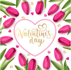 Happy Valentine's Day golden text in heart frame with decorative confetti and pink tulip. Spring design template. Vector illustration. Love decoration