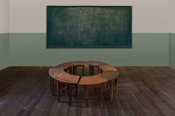 Antique classroom in school with Circle Row of empty wooden desks