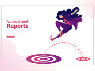 Businesswoman jumping to big target. Vector illustration change success business concept. To achieve any goal. Template for banner or infographics.