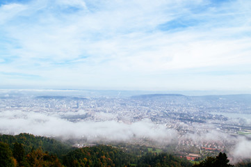Zurich city and forest view from Uetliberg lookout tower at Mount Uetliberg view point