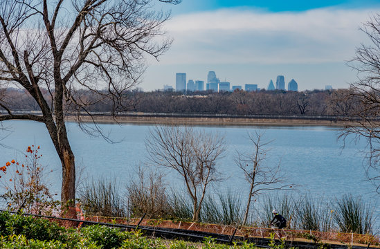 Dallas Arbitorium and Botanic Garden in Winter. The Dallas Skyline in the distance