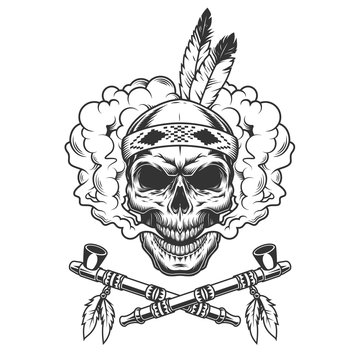 Vintage indian warrior skull with feathers