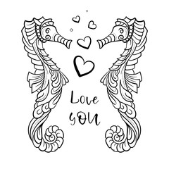 Black and white vector doodle illustration with two sea horse. Antistress romantic coloring page.