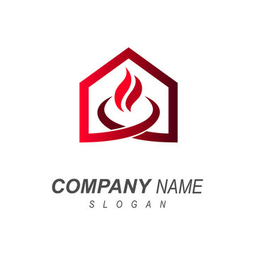 house with fire logo vector, red house logo design