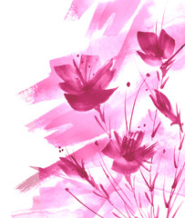 Obraz premium Watercolor bouquet of flowers, Beautiful abstract splash of paint, fashion illustration. Orchid flowers, poppy, cornflower, peony, rose, field or garden flowers. Watercolor abstract. Greeting card