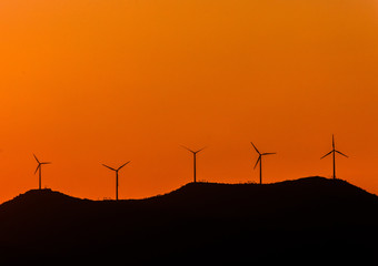 wind turbines at sunset