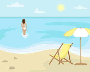 Fototapeta na wymiar Beach landscape with sun lounger and sun umbrella. Girl in a swimsuit is in the sea. Flat vector illustration.