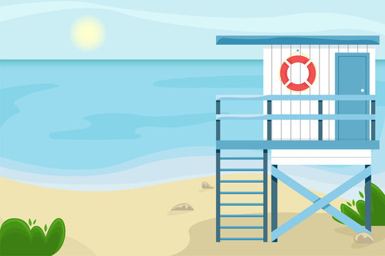 Beach landscape with a lifeguard house. Flat vector illustration.