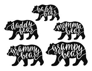 Fototapeta na wymiar Momma, daddy, grampy, grammy, baby bear. Hand drawn typography phrases with bear silhouettes. Family collection. Vector illustration 