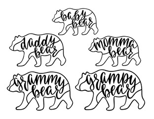 Momma, daddy, grampy, grammy, baby bear. Hand drawn typography phrases with bear silhouettes. Family collection. 