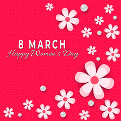 8 March! Happy Woman's day! Vector lettering illustration with flowers on pink background