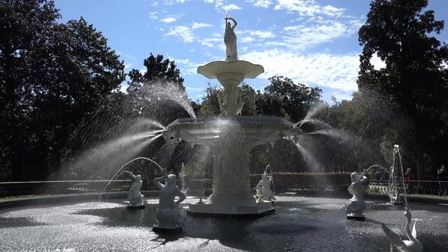 Back lit, Fountain in Forsyth Park, Savannah, GA, USA