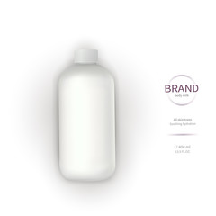 Vector realistic cosmetic container template, white plastic bottle with screw cap and brand label isolated on white background. Skin care cosmetics, cream, lotion, liquid soap or bath foam