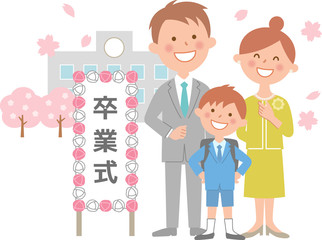 小学生の卒業式　校舎と桜　全身