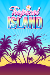 Tropical island illustration with palm trees and sunset or sunrise in the background.